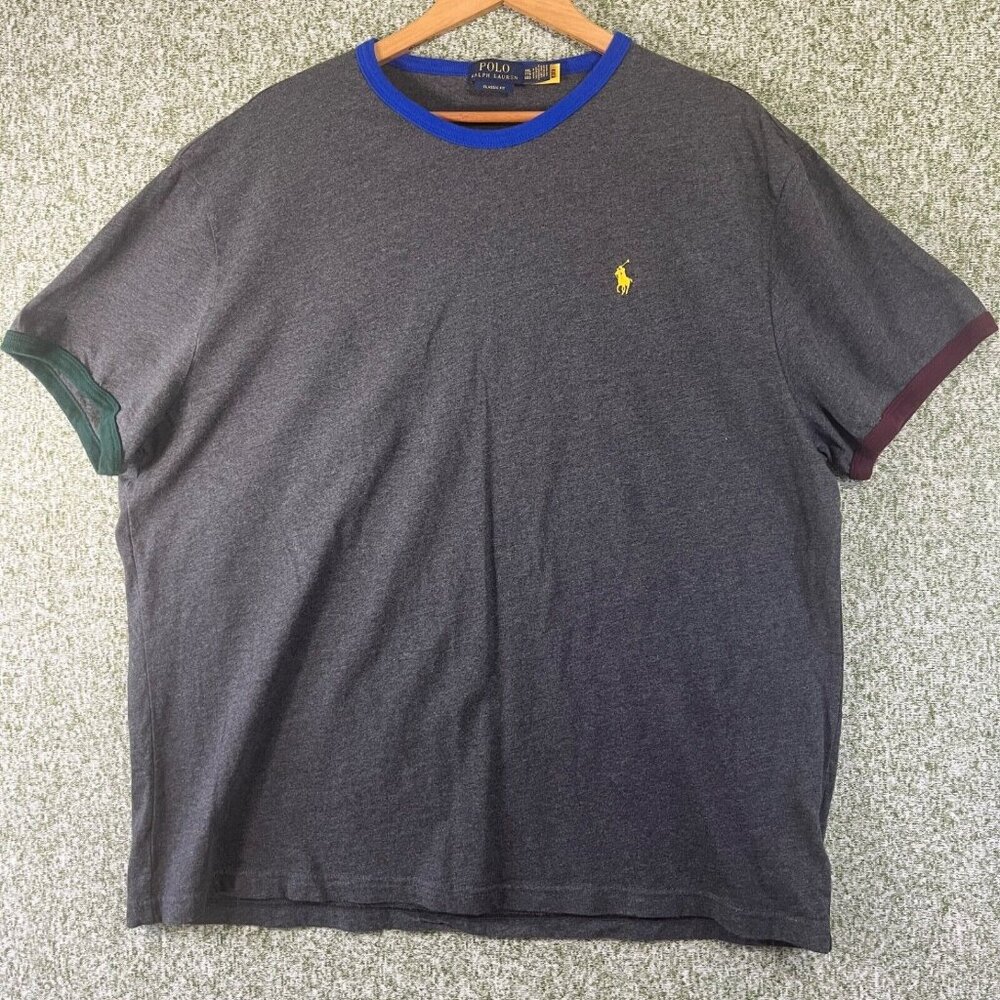 Ralph Lauren Polo T Shirt Men XXL 2XL Grey Classic Jersey Crewneck Contrast